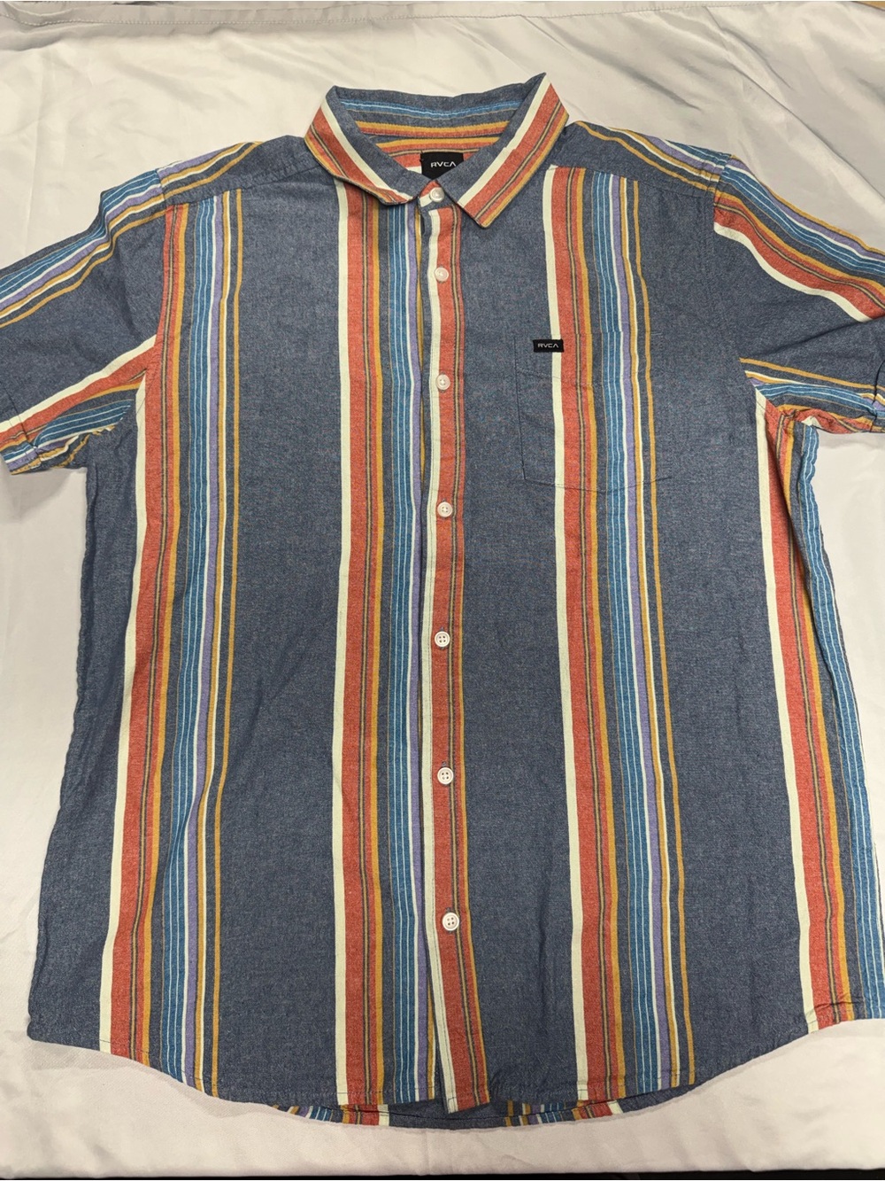 RVCA Navy Blue Multicolor Vertical Stripe Short Sleeve Button-Up Shirt